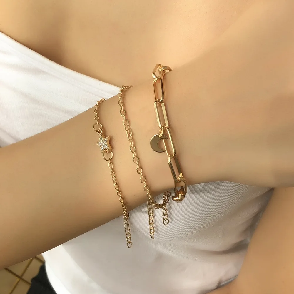 

Fashion Bracelet Women 'S Fashion Bracelet Three-Piece Set Cuban Personality Star and Moon Pendant Rhinestone-Encrusted Chain