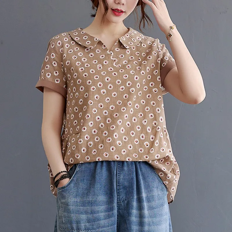 

Women Cotton Linen Casual T-shirts New Arrival 2021 Summer Vintage Style Floral Print Loose Female Short Sleeve Tops Tees B059