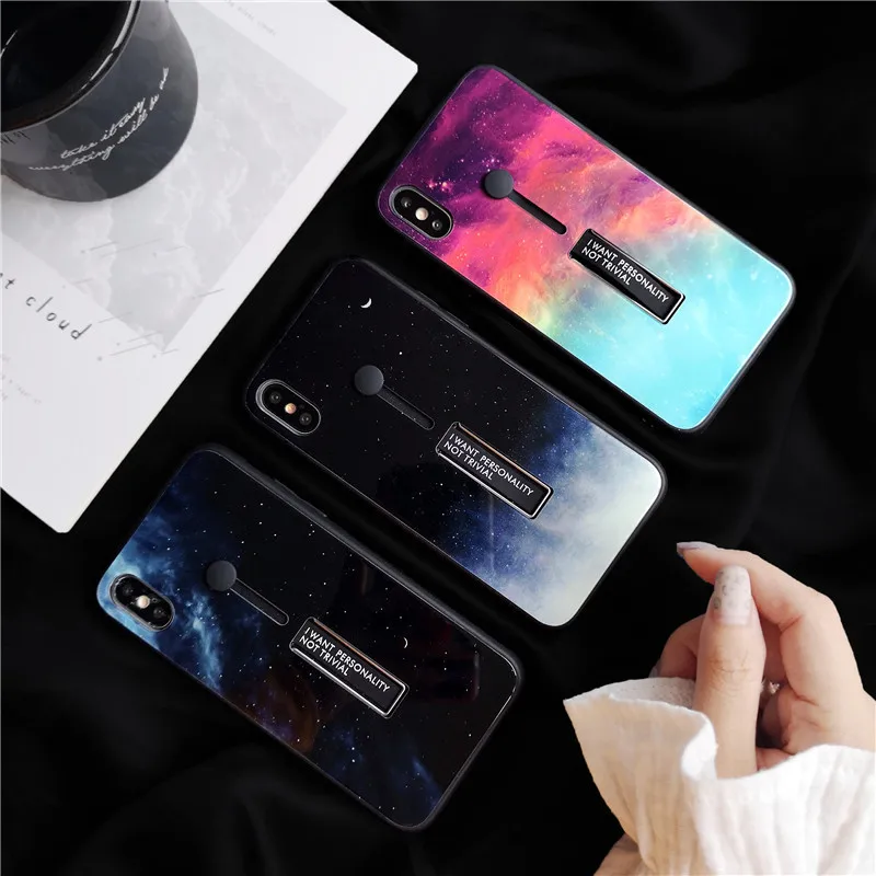 Case for IPhone 7 X XR 8 6S XS 6 Fashion Hidden Stand Starry Sky Loop Ring Cases Iphone Plus Glass Mirror |