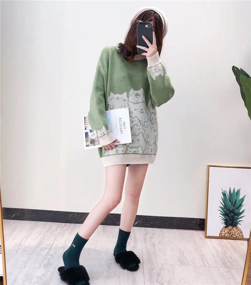 Crowded cats pattern o-neck pullover sweater female S28798-AQ | Женская одежда