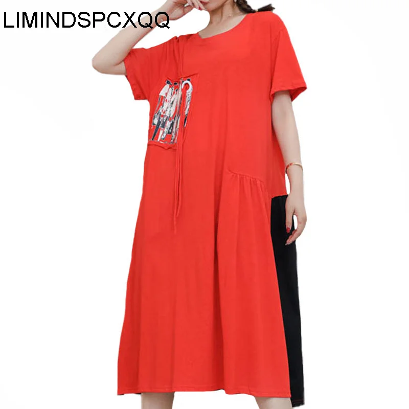 

LIMINDSPCXQQ Summer Fashion Womens Short Sleeve Long Dress Ladies Folds Patchwork Vestidos Girl Casual Printed Dresses Plus Size