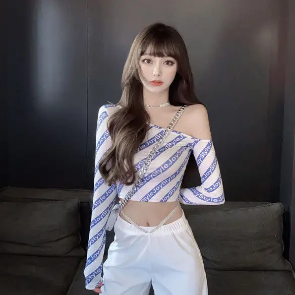 

Striped white T-shirt women's autumn Tight Sexy off shoulder long sleeve bottom shirt slim fit fashion with short top