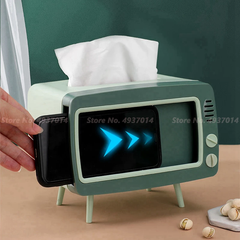 

Creative 2 In 1 TV Tissue Box Desktop Paper Holder Dispenser Storage Napkin Case Organizer with Mobile Phone Holder