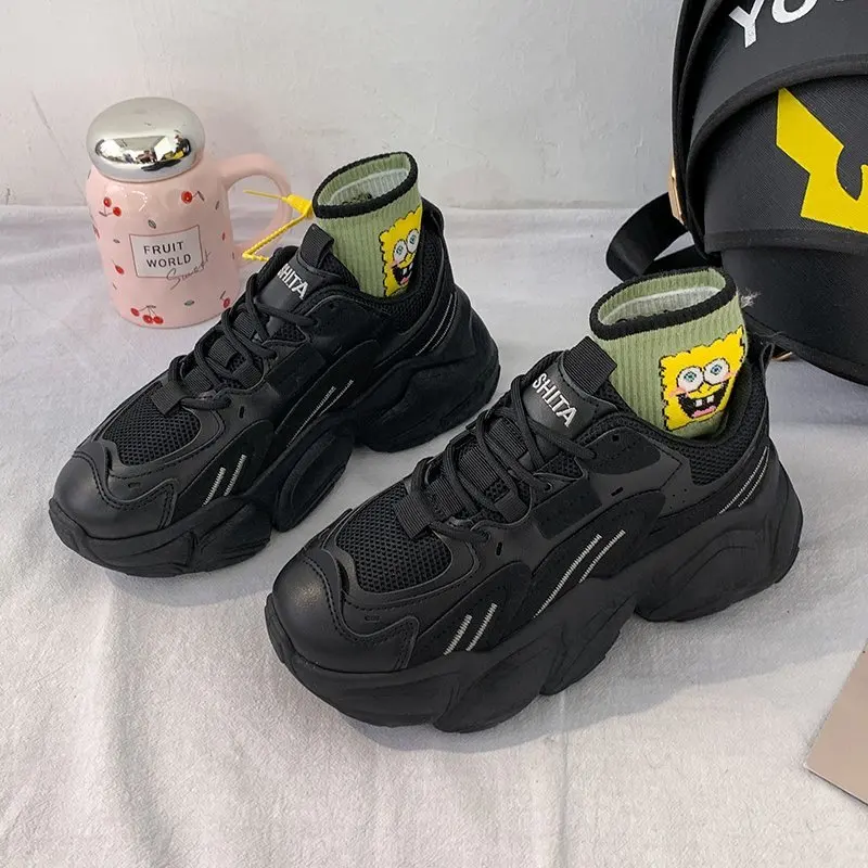 

LLOGAI Spring Fashion Sneakers Women Chunky Platform Shoes BLACK Women Casual Lace-Up Comfortable Trainer Shoe Zapatillas Mujer