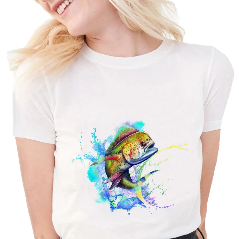 Новые летние Забавные футболки mahi милые цветные белые с принтом рыбок облегающие