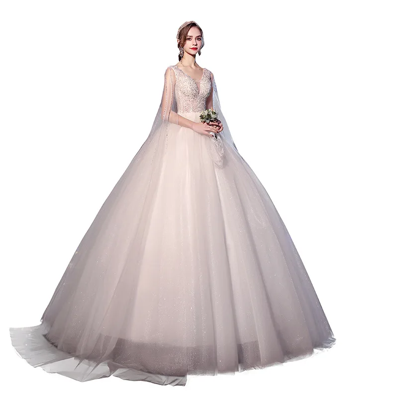 

2021 Sexy V-neck With Cap Sleeve Wedding Dress Vestido De Noiva Fashion Sequins Beaded Bride Dress Floor-length Wedding Gowns
