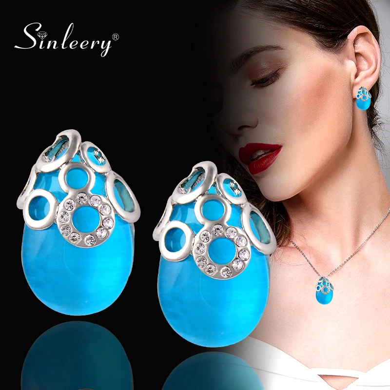 

SINLEERY Elegant Teardrop Opal Stud Earrings Pink White Blue Color Tiny Circle Cover Crystal Wedding Earrings Jewelry ZD1 SSB