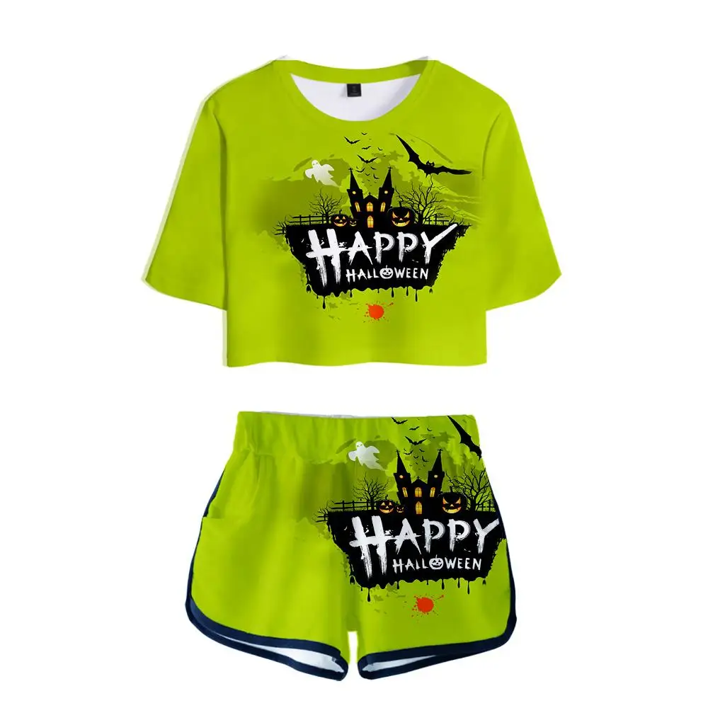 

Luxury Dew navel Sport Girls Short Sleeve Suits Sexy Girls Summer 3D Two Pieces sets Happy Halloween kun T-shirts shorts Pants
