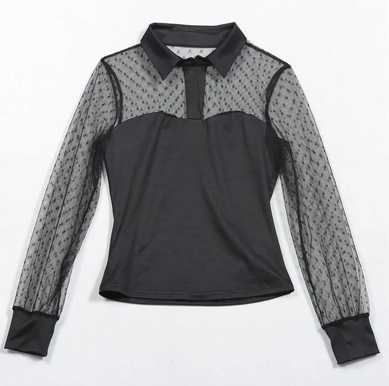 

Long Sleeve Chiffon Blouses Women Spring Autumn Sexy Shirts Black Polka Dot V Neck Puff Sleeve Lace Gauze Slim See Through Tops