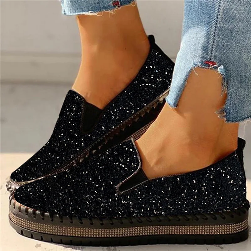 

Women Flat Glitter Sneakers Casual Female Pu Leather Bling Platform Comfortable Plus Size Vulcanized Shoes Zapatillas Mujer 2021