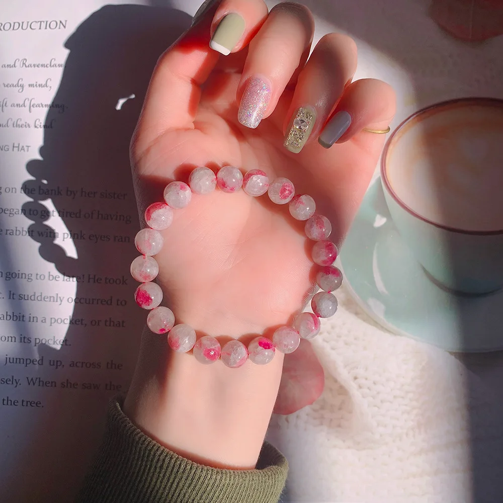 

Natural Ice Seed Red Plum Tourmaline Bracelet Aura Crystal Quartz Elastic Bracelet Sweet and Wild Jewelry Gift