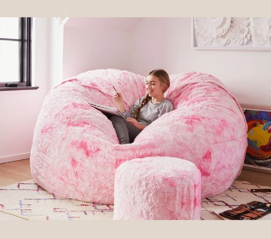 Dropshipping 7ft Giant Fur Bean Bag Cover Lazy Sofa Living Room Furniture Big Round Soft Fluffy Faux Fur BeanBag Bed Coat