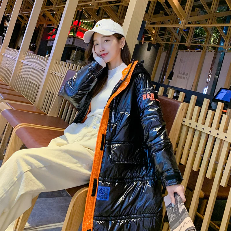 

Long over-the-knee coat women's European and American style loose hooded down cotton coat fashionable letter printing bread coat
