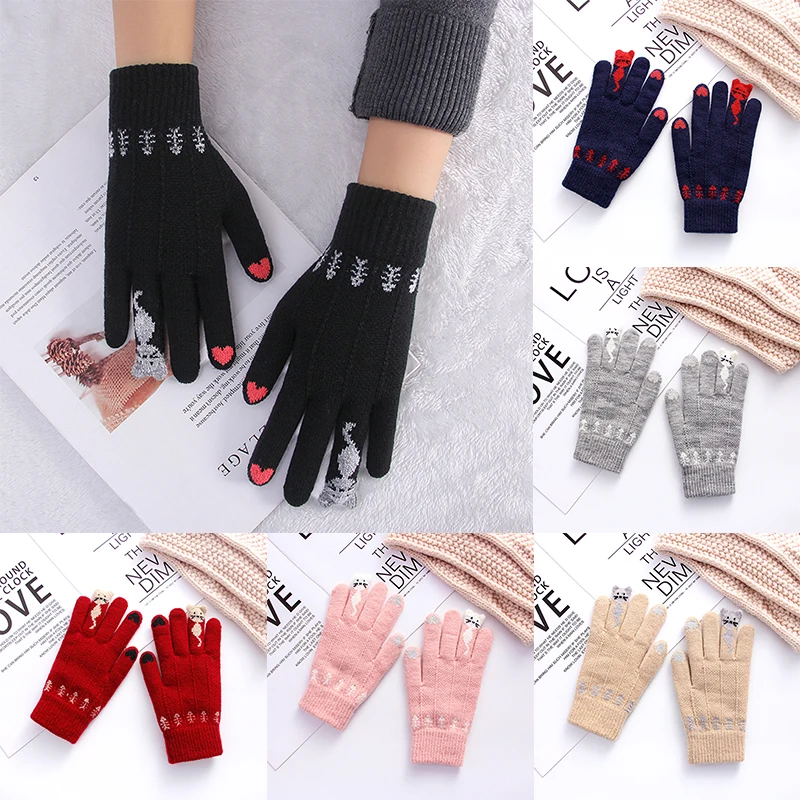 

Women Men Winter Touch Screen Gloves Warm Stretch Knit Mittens Imitation Wool Full Finger Guantes Female Crochet Thicken
