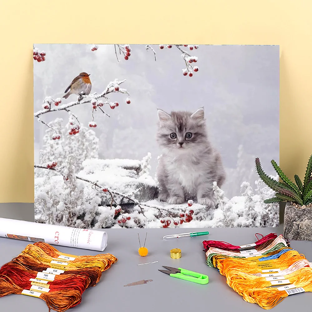 

Кота зимняя животных с предварительно нанесенными надписями 11CT вышивка крестом DIY набор для вышивания DMC темы ручной работы хобби швейная д...