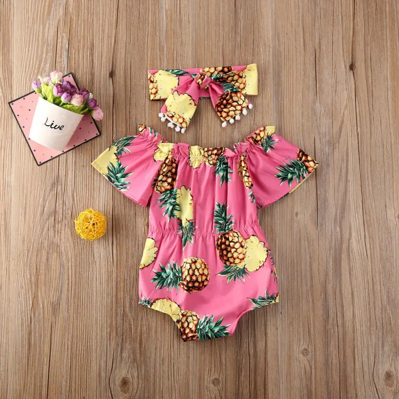 

Pudcoco Baby Summer Clothing Newborn Baby Girl Flower Clothes Off Shoulder Bodysuit Headband Pineapple Sunflower Outfits Set