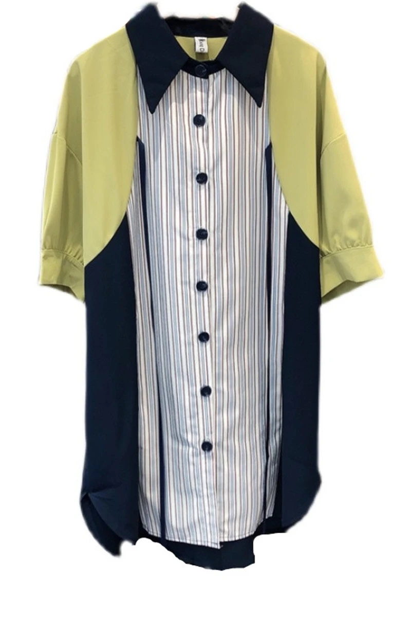 

New Contrast Color Striped Stitching Fake Two-Piece Mid-length Dress Women Loose Short-Sleeved Chiffon Dress Elegant Fashion