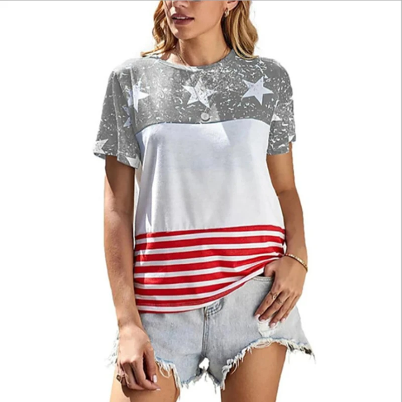 

GOAHIN 2021 summer print fashion loose casual short-sleeved striped T-shirt