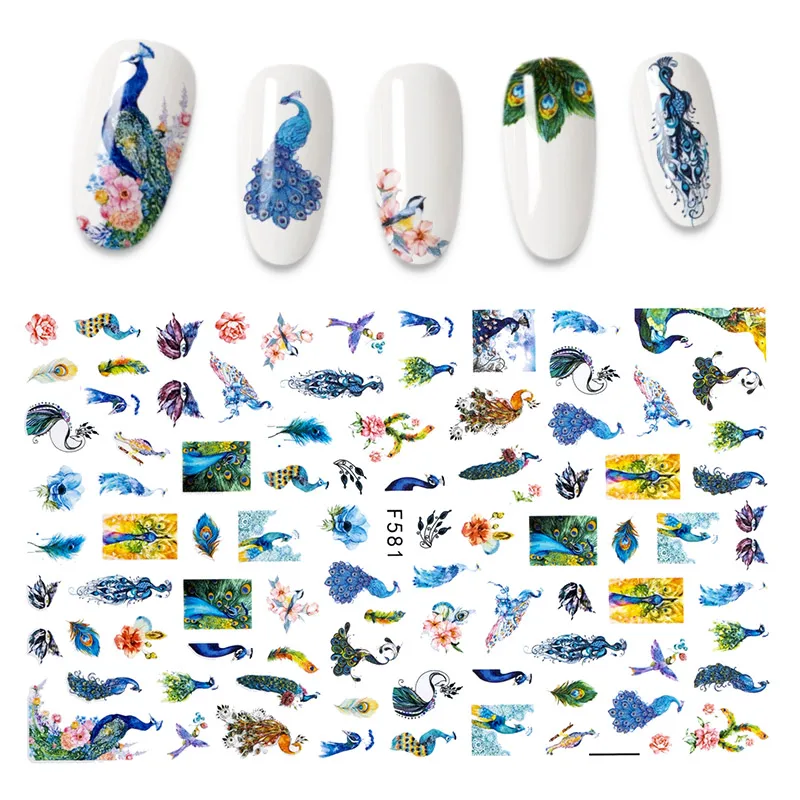 

1pcs Nail Art Decorations Peacock Decals 3D Adhesive Nail Stickers Woman Face Leaf Foil Manicure Wrap
