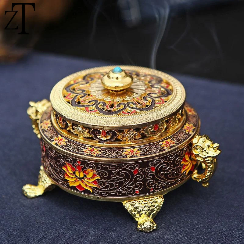 

Home Fragrance Incense Burner Holder Blue Enamel Color Embossed Temple Incense Coil Copper Alloy Censer Crafts Office Decor Gift