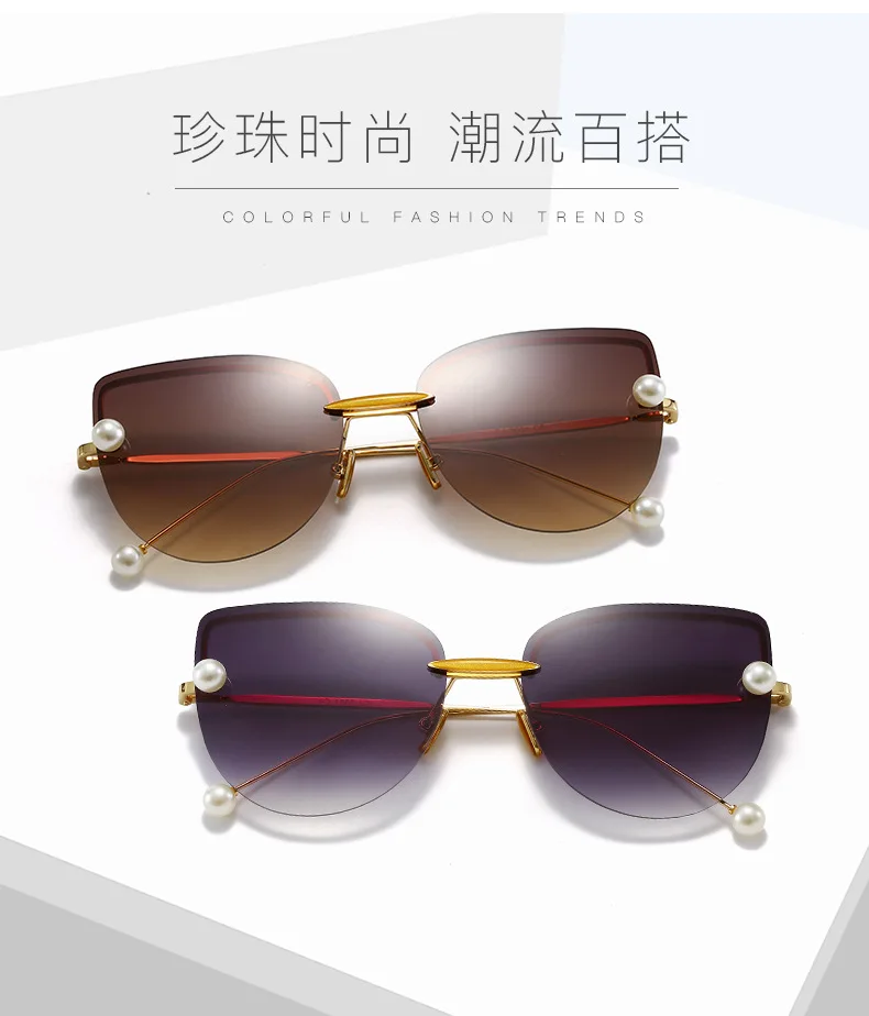 

New fashion retro pearl embellish sunglasses high definition sea film metal frame lady cat eye