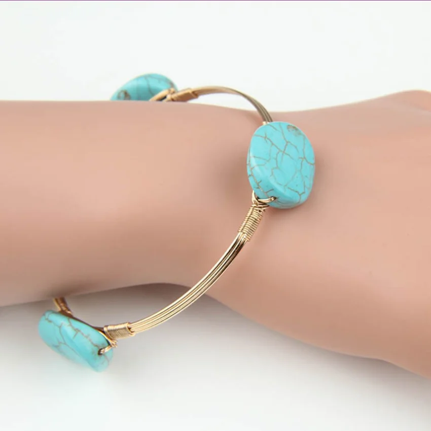 

Light Yellow Gold Color Alloy Irregular Shape Green Turquoises Stone Bangle for Party Gift Jewelry