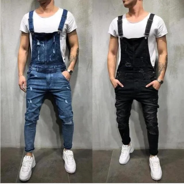 

Men's Ripped Jeans Jumpsuits Luxury Brand Streetwear Distressed Denim Rompers Broken Overalls Male Long Pants 2021 New Plus Size