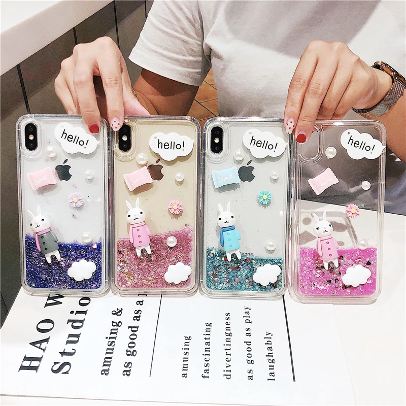 Cartoon Rabbit Epoxy TPU Cover For iPhone X 6 6S 7 8 plus Phone Case iphone XR XS Max Glitter Liquid Quicksand Back |