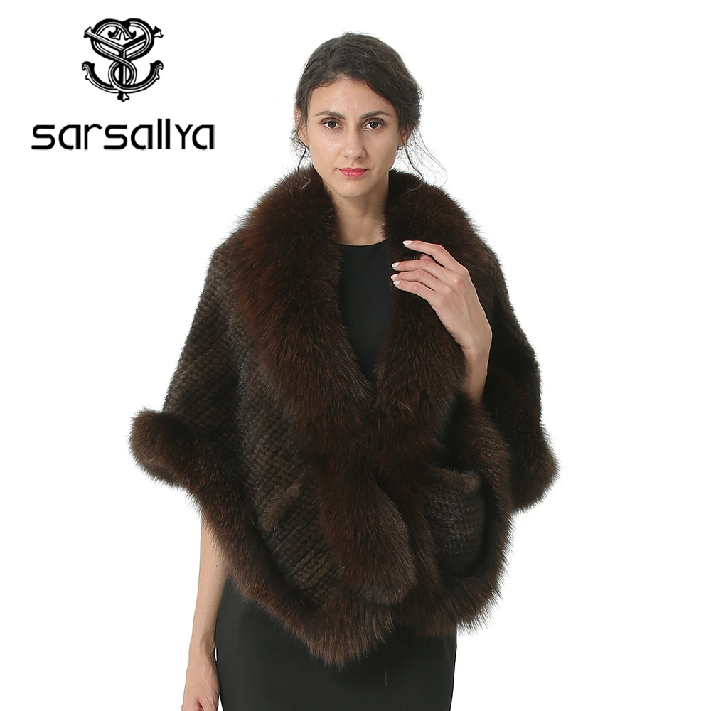 Женское пончо с натуральным мехом зимние теплые вязаные меховые из норки женские
