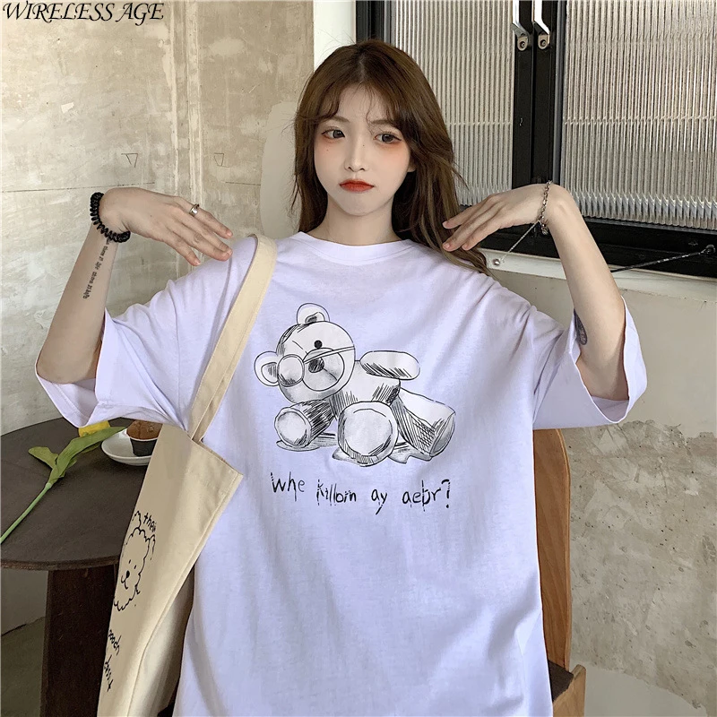 

WIRELESS AGE T Shirt Women Short Sleeve Round Neck Mid Length Loose Bear Printed Casual Women's Tops New Summer Fashion Wild