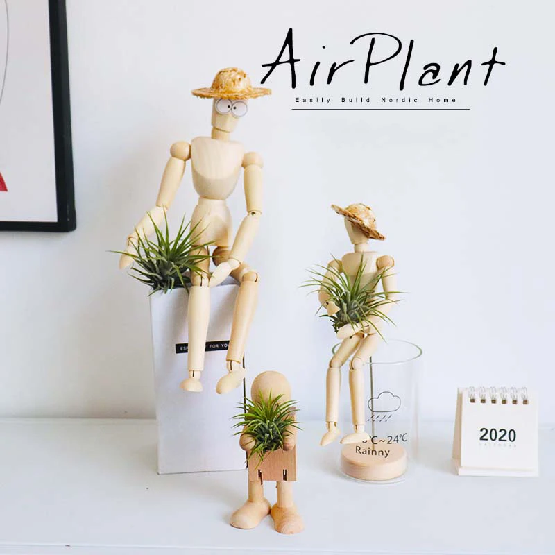 

Soilless Green Flower Pot Wooden Man Model Joint Puppet Home Plants Pot Receptacle Ornaments Home Bonsai Vase Decoration Gift