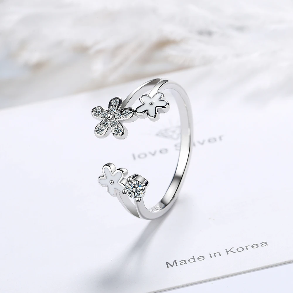 

925 Sterling Silver New Woman Fine Jewelry High Quality Simple Crystal Zircon Flower Open Ring Adjustable Size Ring