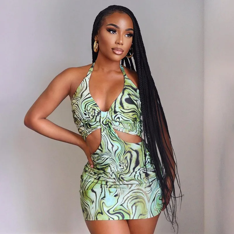 

Sexy Printed Summer Strap Dress Woman Hollow Out Backless Halter Mini Dresses for Women 2021 Bodycon Beach Outfits Robes Vestido