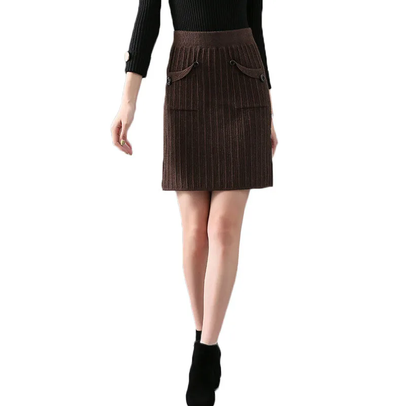 

Women's Autumn Winter Skirt Korean Style Solid Color Pocket Split Knit Skirt New Slim Commuter Knit Short Female Skirts GX463