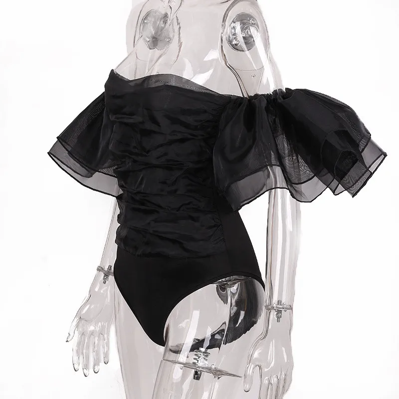 

Sexy Womens Mesh Off Shoulder Leotard Top Shirt Thong Bodysuit Summer Ruffles Jumpsuit Clubwear Black Club Party Bodysuit 2020