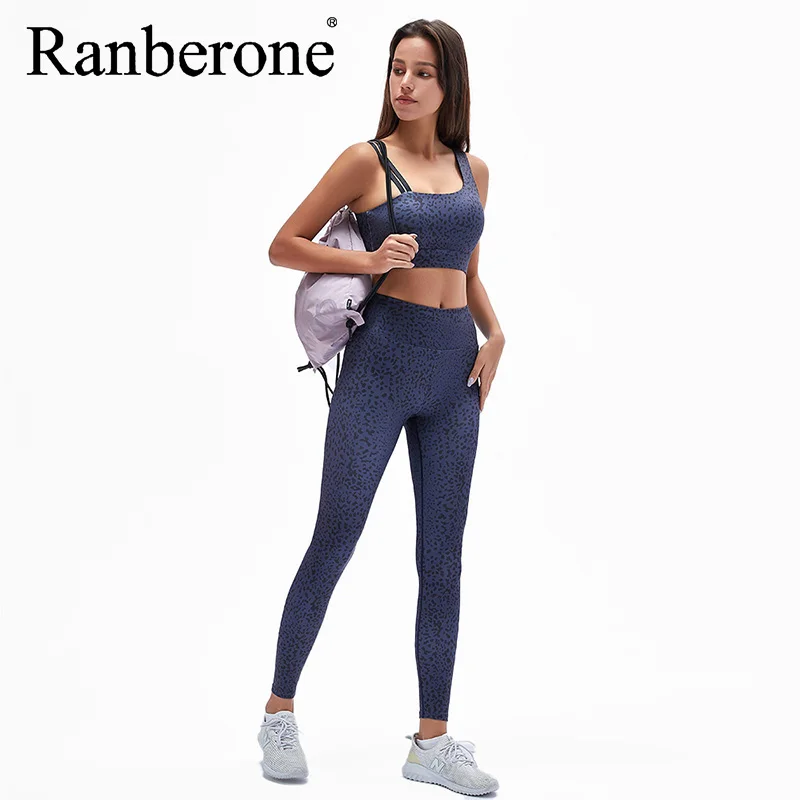 Sport Set Women 2pcs Seamless Leopard Sport Suit One-Shoulder Sports Bra+High Waist Leggings Fitness Trousers Fitness Yoga Suit