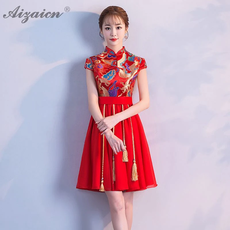 Женское атласное платье Ципао красное винтажное свадебное невесты модель Qi Pao