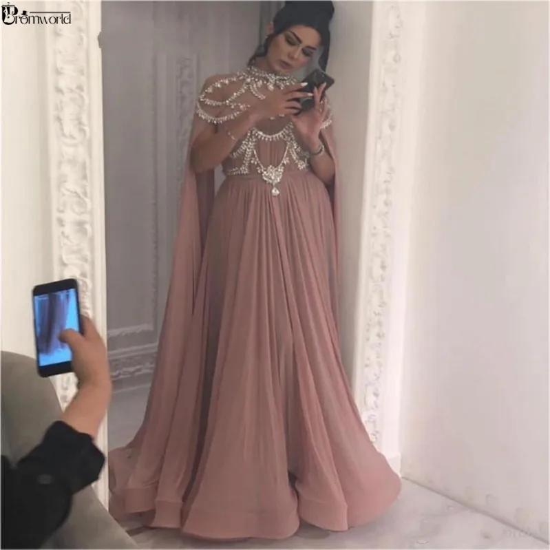 color as picture Румяное розовое мусульманское вечернее платье Иллюзия с высоким воротником, со стразами шифон исламский Дубай Арабский Кафтан длинное вечернее платье - Цвет: color as picture