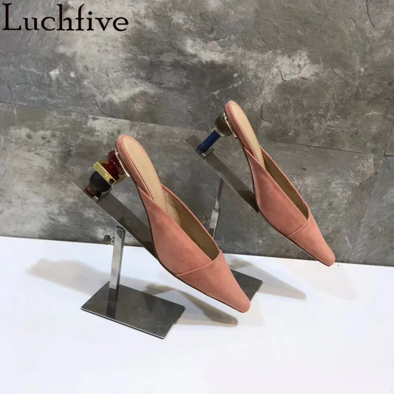 Женские замшевые туфли без задника с закрытым носком на высоком каблуке летние