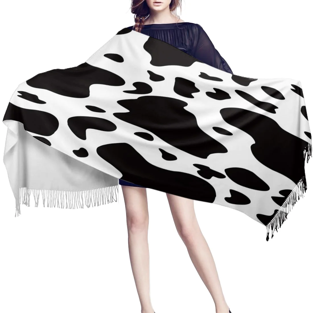 Модные большие шарфы черно-белые в стиле граффити из коровьей кожи толстые