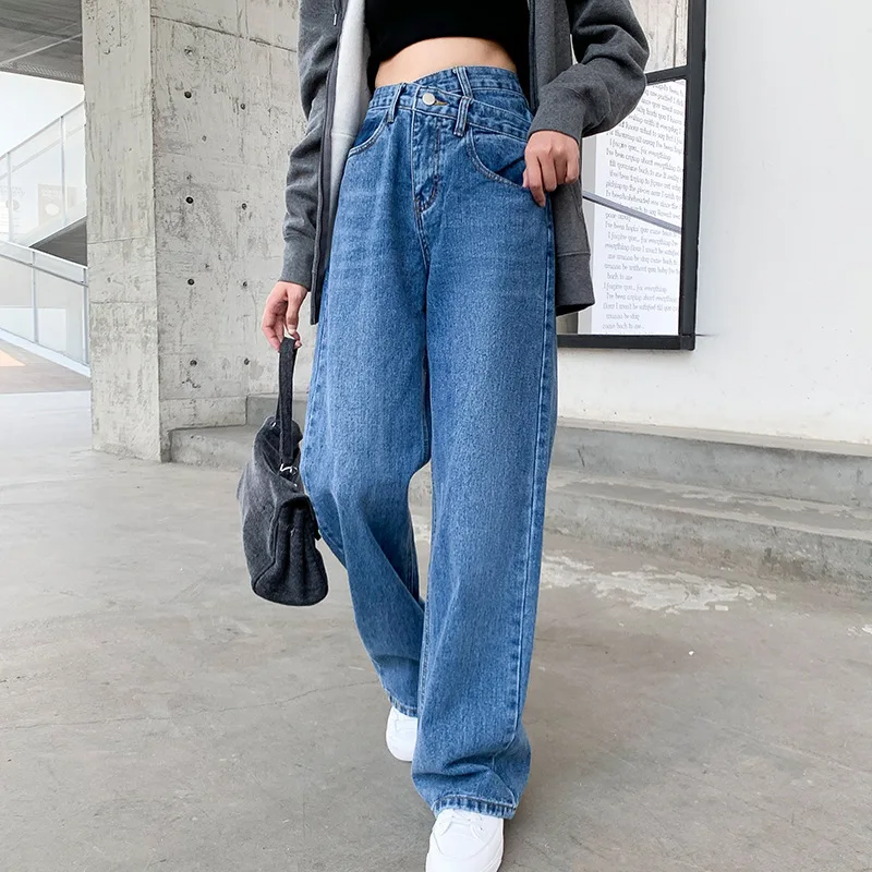

Blue Wide Leg Straight Boyfriend Jeans for Women Asymmetric Waist Ripped Baggy Pants 2021 Stylish Comfortable New Trousers