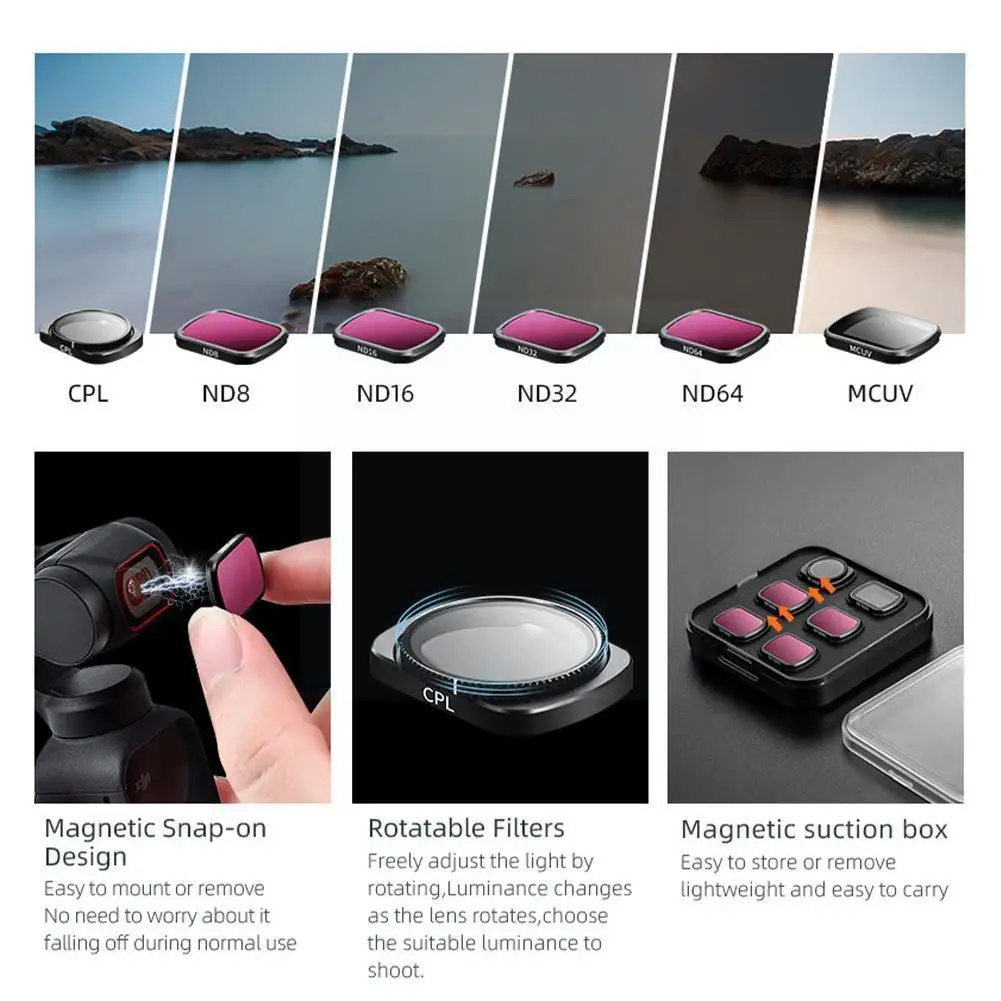 

For DJI Pocket 2 Drone Camera Lens Filter Set 6pcs Quick Filters Polarized Coated Magnetic CPL/MCUV/ND8/ND16/ND32/ND64 Rele N7V2