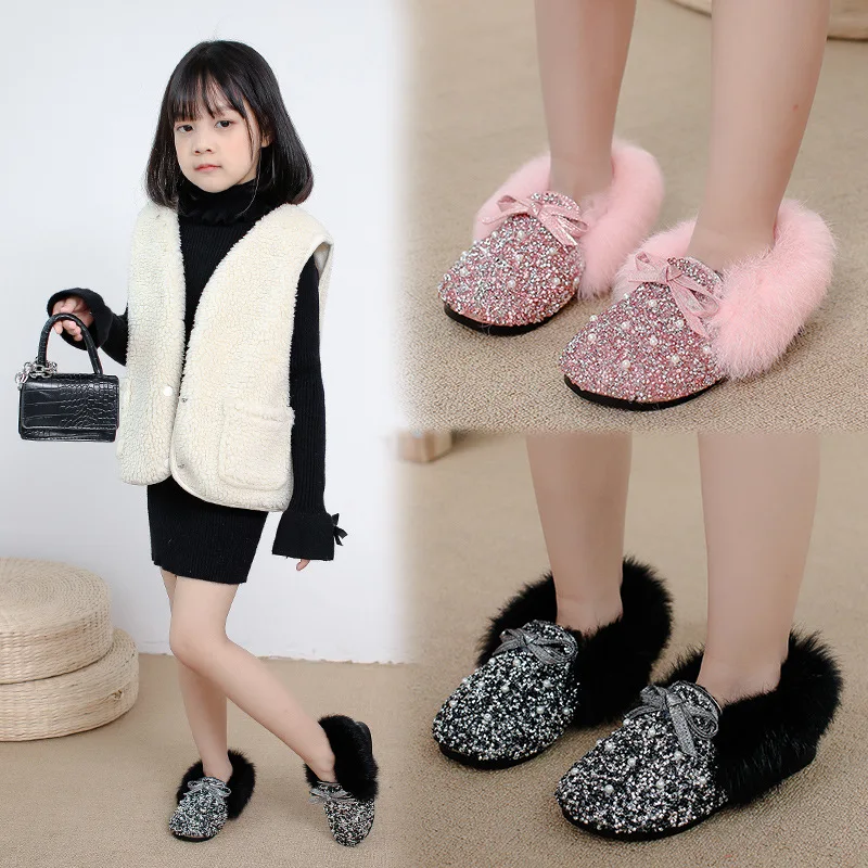 Детская осенне-зимняя теплая хлопковая обувь с бантом для девочек универсальная