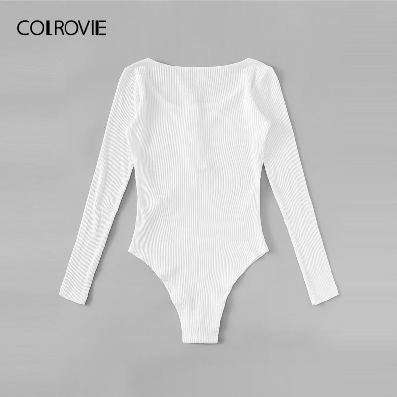 COLROVIE белое с глубоким круглым декольте боди с резинкой для женщин осень с длинным рукавом обтягивающие сексуальные однотонные Повседневные базовые боди