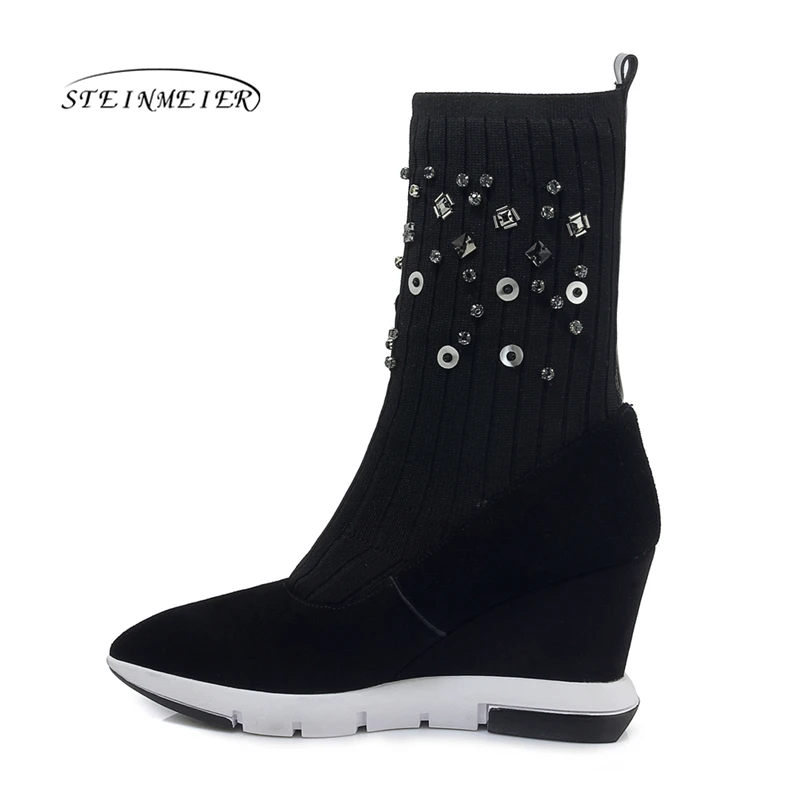 Женские ботильоны на платформе черные замшевые ботинки резиновой подошве с