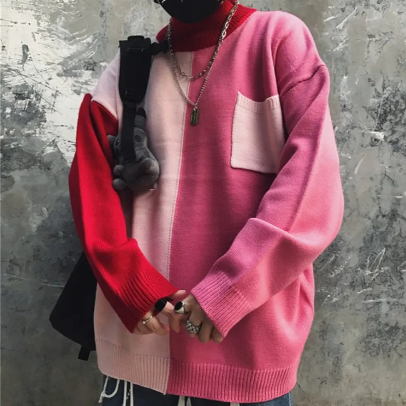 Winter Turtleneck Sweater Men's Warm Fashion Contrast Casual Knit Pullover Men Streetwear Hip Hop Knitting Sweaters Male Clothes