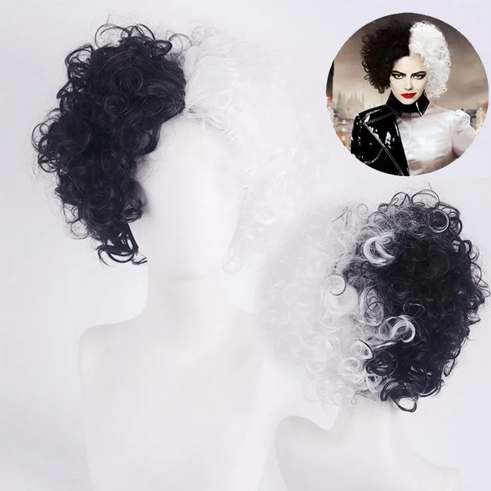 

Anime Movie Cruella De Vil Black White Short Curly Wig Cosplay Synthetic Hair Halloween Party Wigs For Women Adult