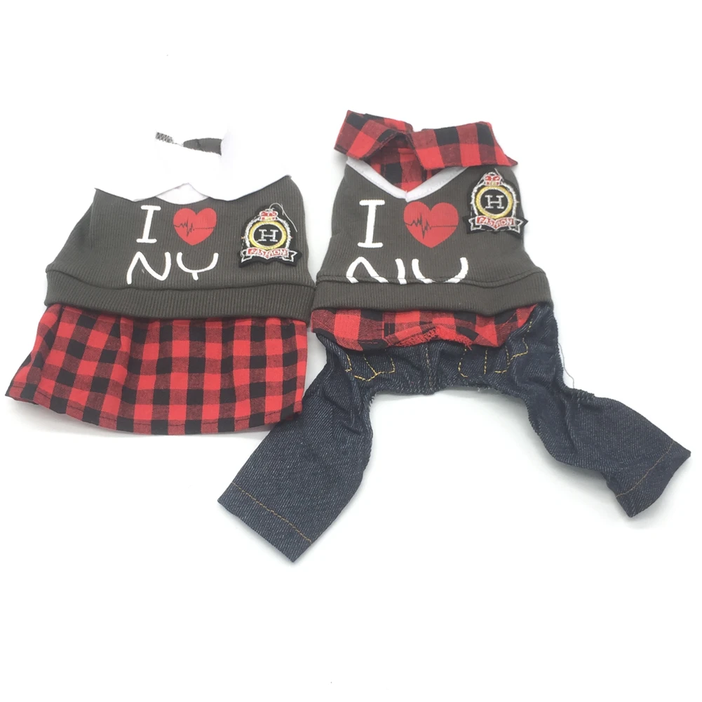 

Plaid Shirt With Denim Pants Vest Overall For Dog Autumn Winter Pet Fashion Clothes Set For Small Medium Animal Chihuahua Yorkie