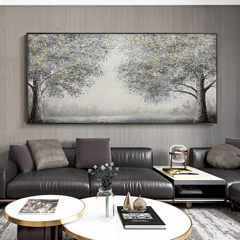 

Hand Painted Oil Painting on Canvas Abstract Gold and Grey Trees Bedroom Living Room Home Decor Cool Color Wall Hang Art No Fram