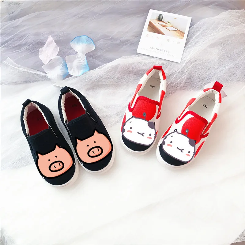 

Kids Boys Girls Canvas Shoes Cartoon Bear Pattern Baby Single Shoes Black Red Color Toddler Designer Shose Dropshipping